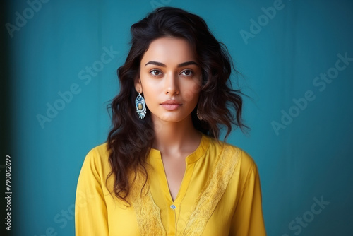 young indian woman standing on blue background