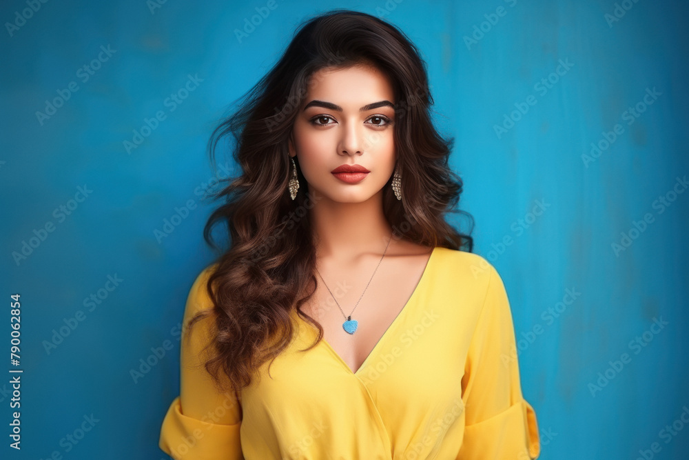 young indian woman standing on blue background young indian woman standing on blue background