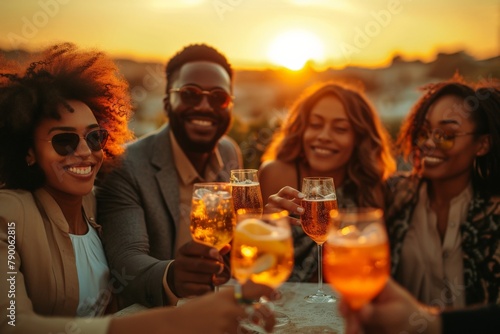 Group of people enjoying a sunset toast with wine glasses outdoors after a sunny day, celebration and relaxation concept