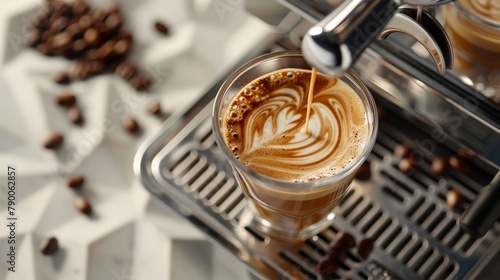 Freshly brewed latte with artistic foam design on an espresso machine, surrounded by scattered coffee beans. Created with Generative AI.