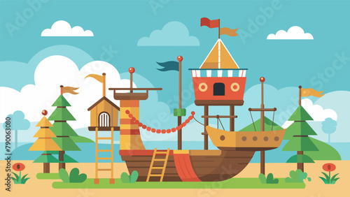 A playground shaped like a pirate ship built by community volunteers to bring adventure and imagination to the local park.