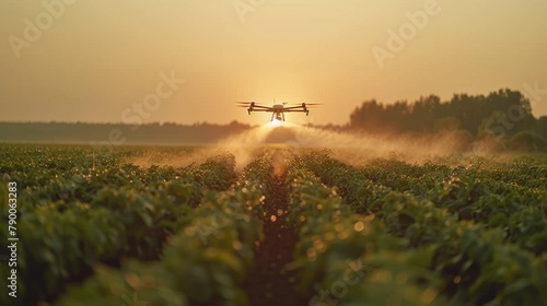 Drone flying low over farmland at sunset, with a beautiful backdrop and haze around. Created with Generative AI. photo