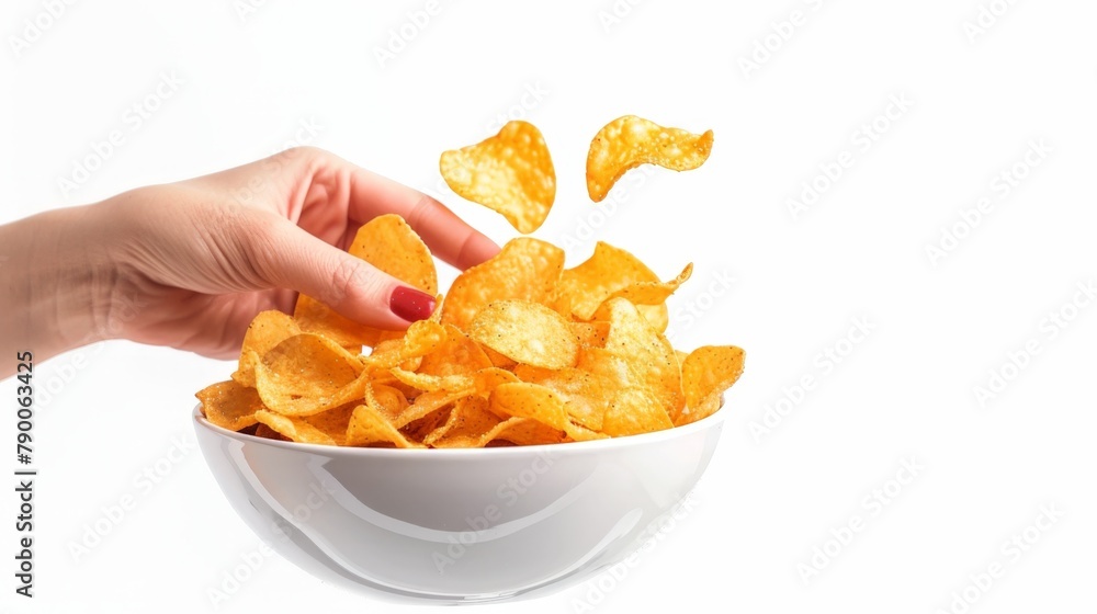Person holding bowl chips reaching Person holding bowl chips reaching