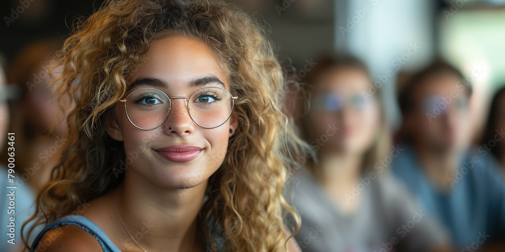 A woman wearing glasses stands in front of a diverse group of young adults at a workshop A woman wearing glasses stands in front of a diverse group of young adults at a workshop