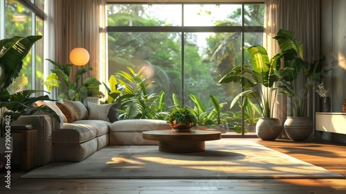 Sunlit modern living room with large windows overlooking greenery, furnished with plants and a cozy sofa. Created with Generative AI.