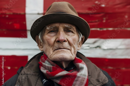 Portrait of an elder man with an danish flag behind him