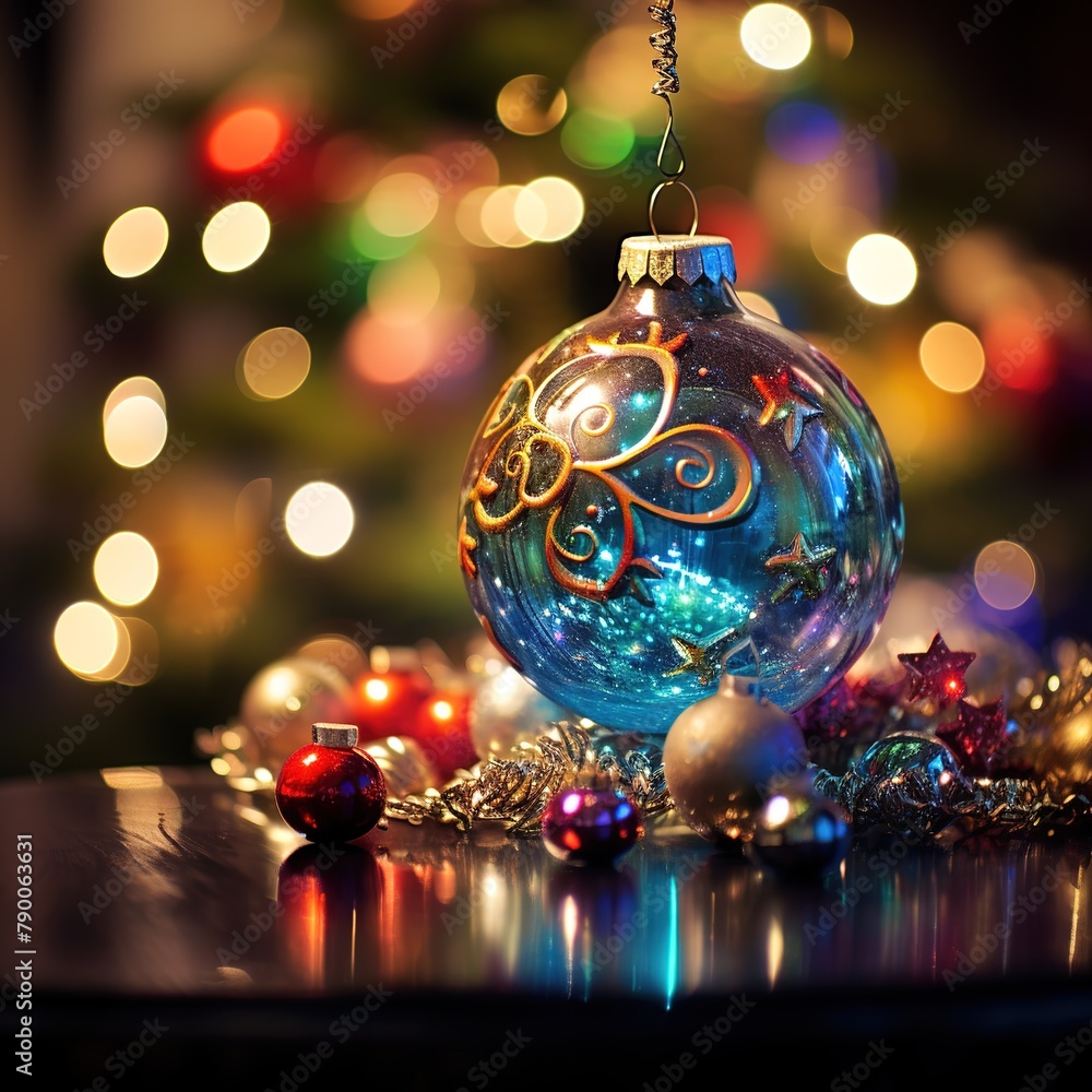 Obraz premium At its heart is a beautifully blurred image of a Christmas tree adorned with twinkling lights and ornaments. Ai generated
