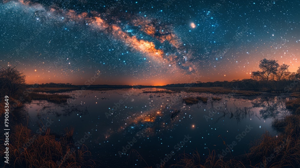 Dazzling night sky with Milky Way reflection over serene water. Created with Generative AI.
