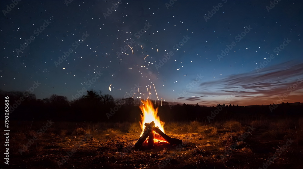 A campfire on a field in the mountains at night A campfire on a field in the mountains at night