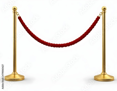 A red velvet rope barrier with golden stanchions on a white background photo
