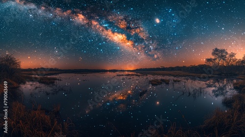 Dazzling night sky with Milky Way reflection over serene water. Created with Generative AI.