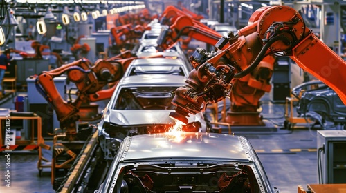 A sweeping view of a bustling automobile assembly line, capturing the precision and collaboration in vehicle manufacturing.