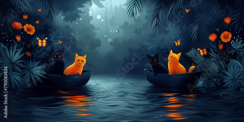 Four cats black and ginger sitting calmly in a small boat floating on the water photo