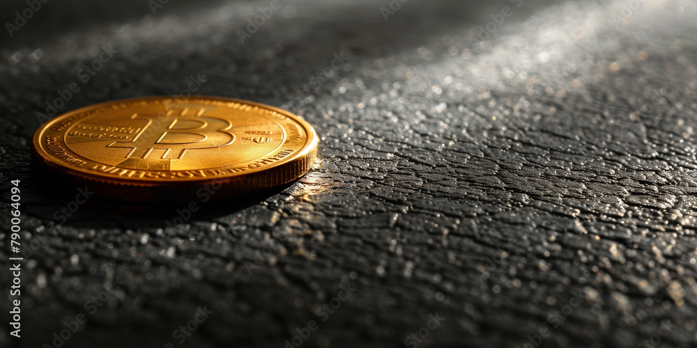 An isolated bitcoin placed on a table surface banner 
