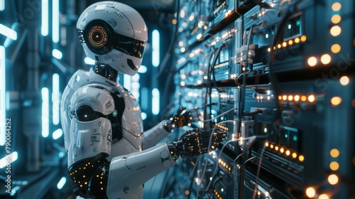 Futuristic robot interacting with server racks in a high-tech data center. Created with Generative AI.