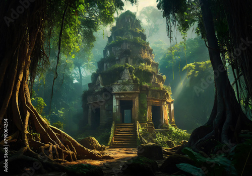 ruin of a temple in the middle of very lush tropical jungle realistic illustration photo