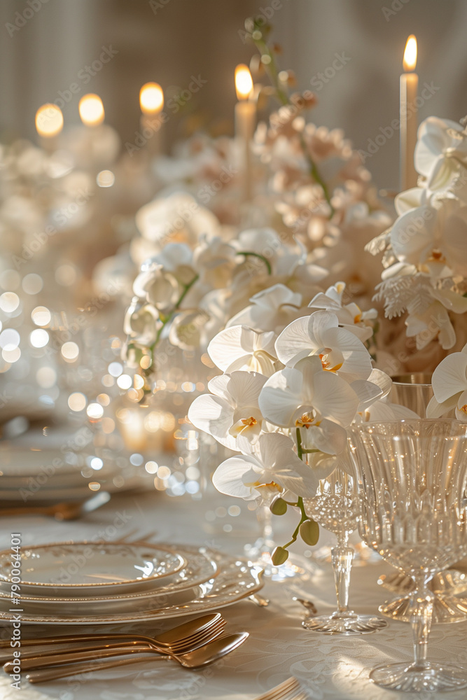 Wedding table set with white flowers orchid and candles Wedding table set with white flowers orchid and candles