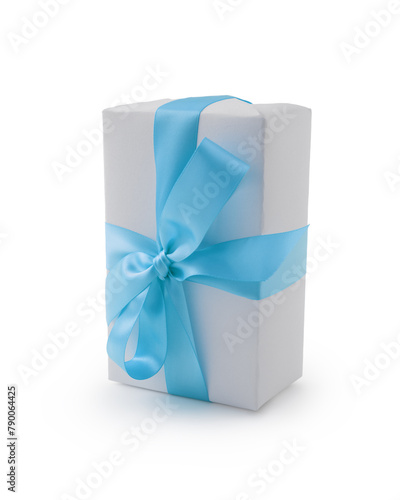 White gift box with blue ribbon bow isolated on white background