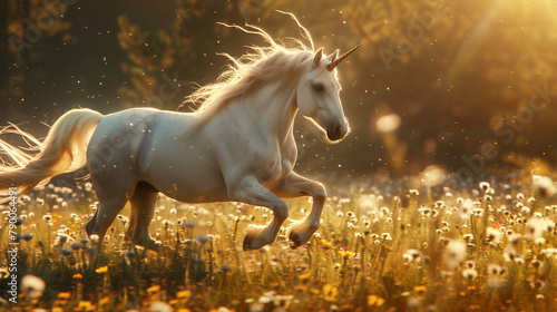 white unicorn running in flower field meadow