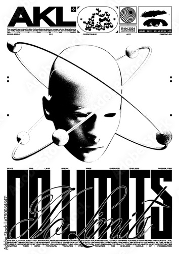 Abstract typography poster with people head. In Brutalism style, Retro 90s streetwear print. Isolated on white background