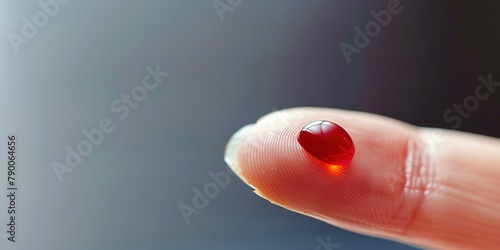 A single drop of blood on a fingertip against a blurred background.