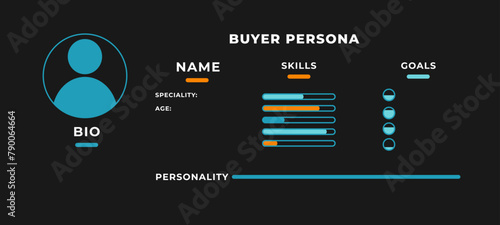 Buyer persona data customer. Investment identification of user with skills and personal data with biography for business vector information photo