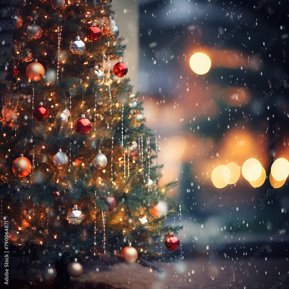 At its heart is a beautifully blurred image of a Christmas tree adorned with twinkling lights and ornaments. Ai generated At its heart is a beautifully blurred image of a Christmas tree adorned with twinkling lights and ornaments. Ai generated