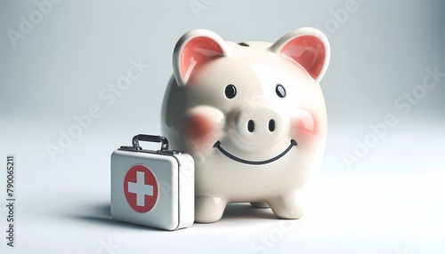 Financial wellness concept for piggy bank paired with a first aid kit, symbolizing the importance of saving for health emergencies and medical care
