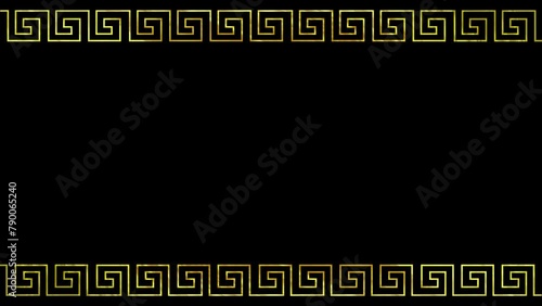 4k animated horizontal greek golden luxury frame background on black background. A meander or meandrosis a decorative border constructed from a continuous line, shaped into a repeated motif.  