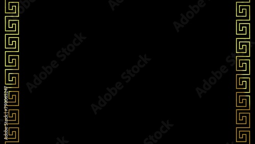 4k animated vertical greek golden luxury frame background on black background. A meander or meandrosis a decorative border constructed from a continuous line, shaped into a repeated motif.  Greek Line