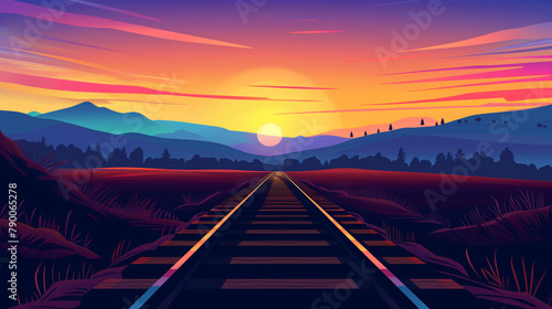 illustration of adorable train railroad track landscape with sunset and mountains  photo