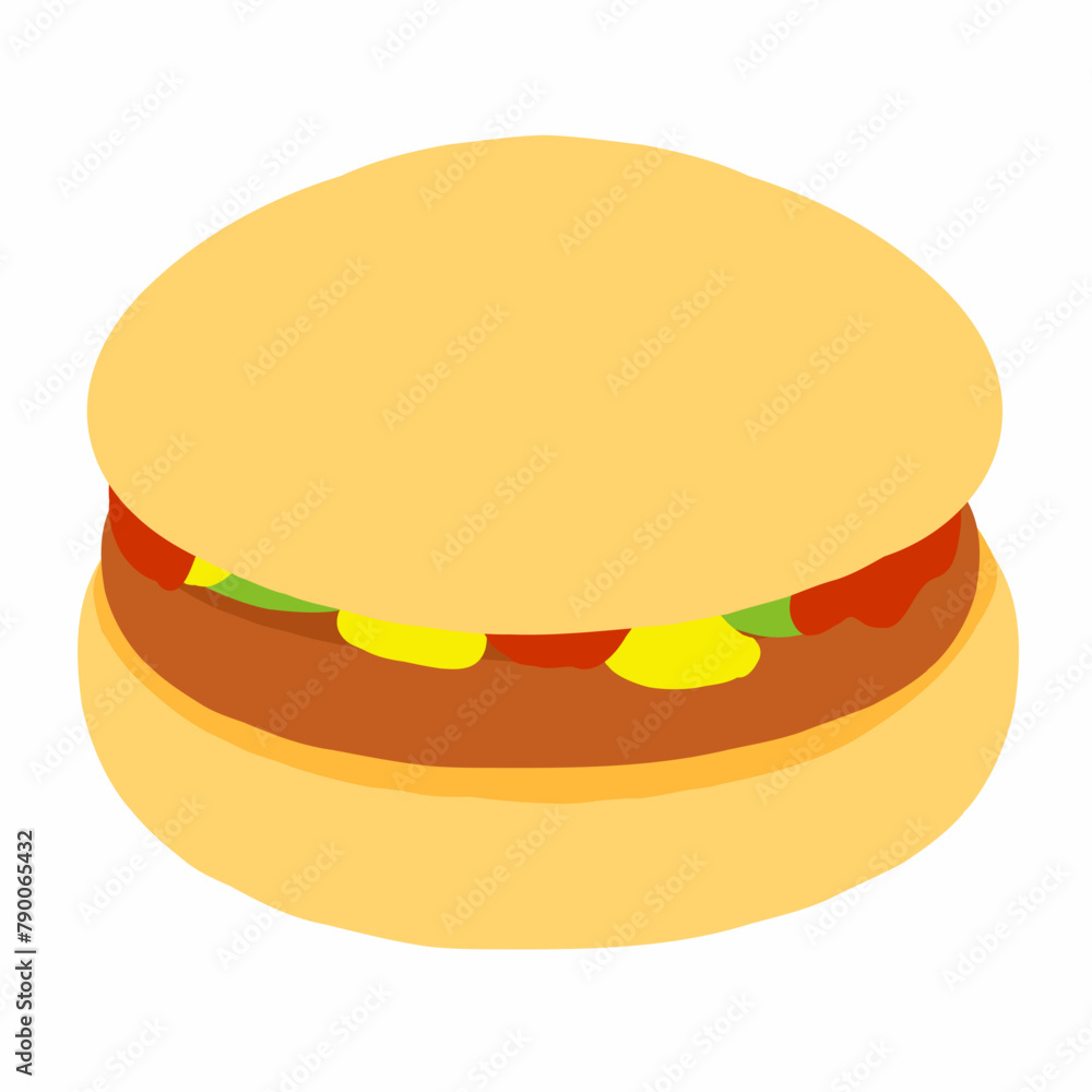 Burger with ketchup, mustard and slices of cucumber icon in cartoon flat style. Simple bun, one cutlet. Vector illustration isolated on white background. For menu, poster, infographic, restaurant. Burger with ketchup, mustard and slices of cucumber icon in cartoon flat style. Simple bun, one cutlet. Vector illustration isolated on white background. For menu, poster, infographic, restaurant.