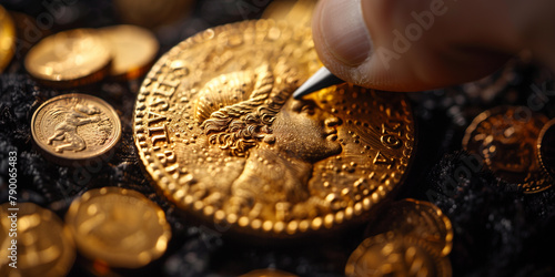 A person using a small tool to inscribe markings on a shiny gold coin banner