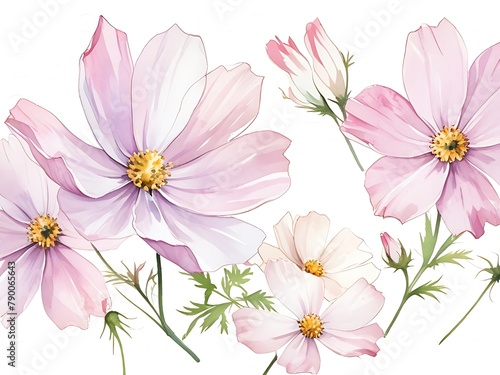 Watercolor painting of pink and white cosmos flowers on a white background.