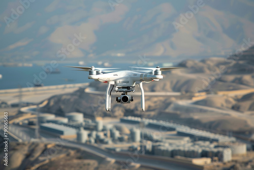 Drone with digital camera flying over the city  aerial view. Generative AI