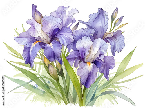 Watercolor painting of a bouquet of bright purple iris flowers in bloom on a white background