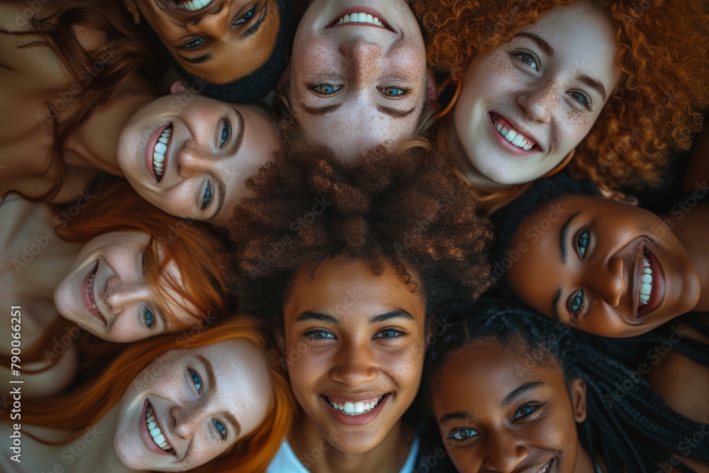 Group of young women smiling and looking up at the camera with their hair styled in a circle formation
