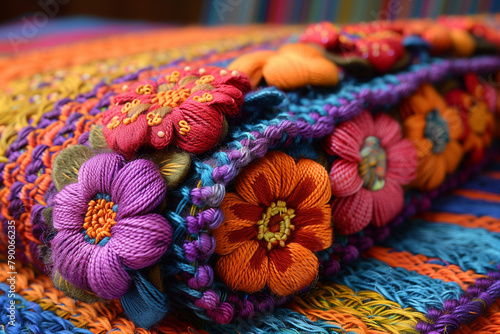 Vibrant crocheted blanket adorned with colorful flowers