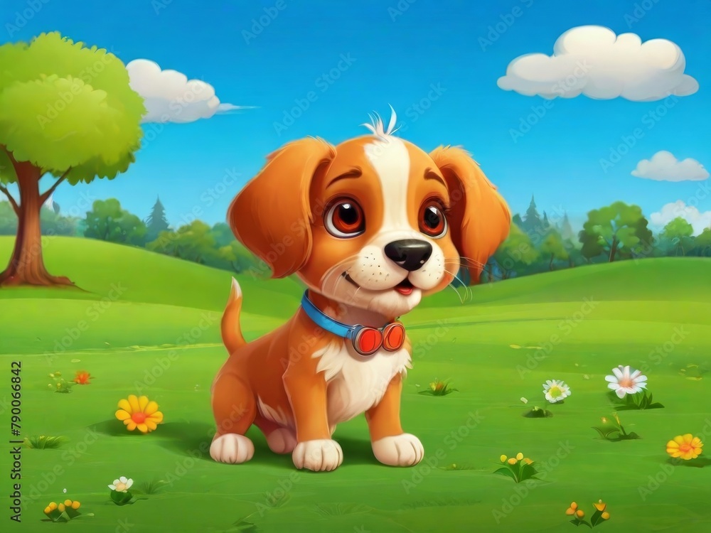 Cute cartoon dog sitting on the lawn in the garden