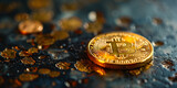 Close-up view of a single gold bitcoin standing upright on a wooden table banner