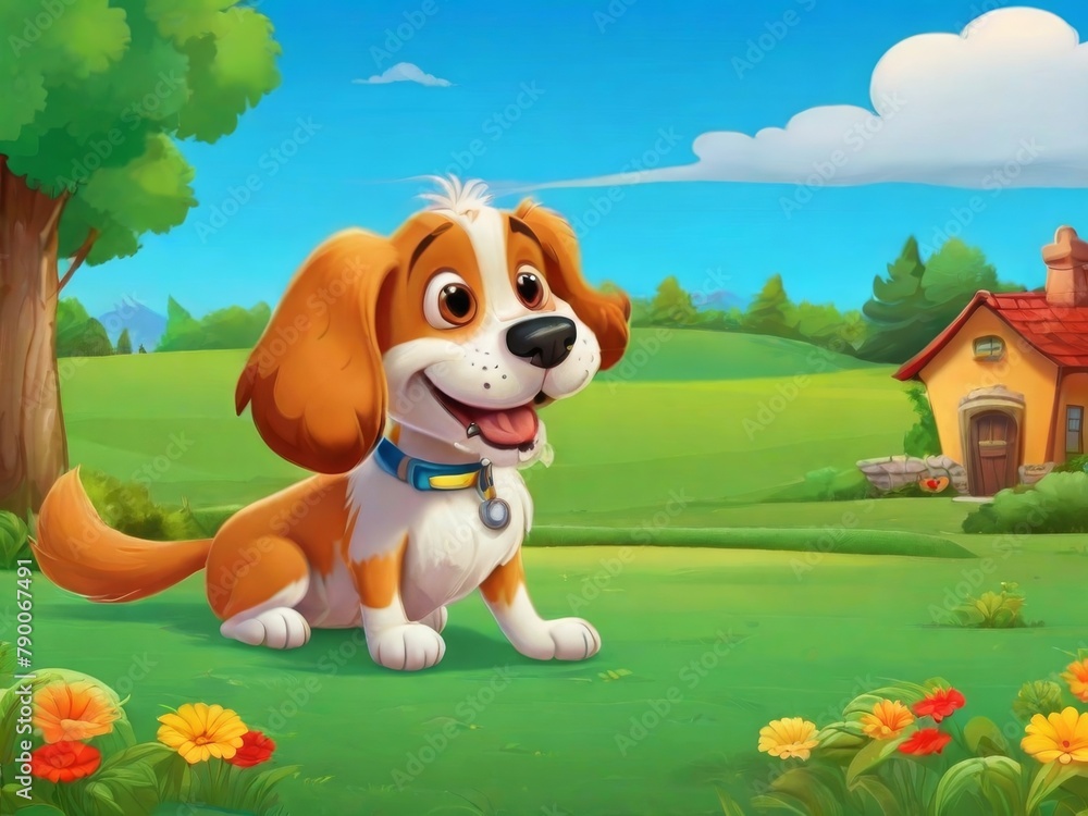 Cute cartoon dog sitting on the lawn in the garden
