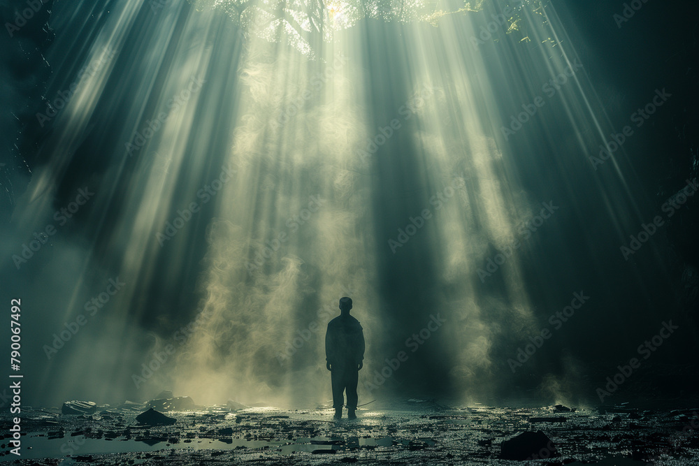 A man standing in the middle of a forest clearing with sunlight filtering through the trees - obrazy, fototapety, plakaty 