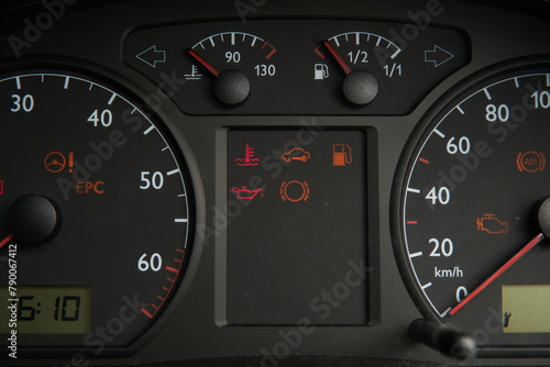 Car speedometer - auto Dashboard with low fuel gauge and error lights