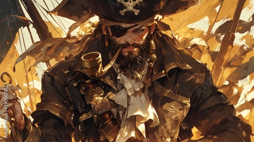A striking pirate portrait featuring a hat eye patch smoking pipe filibuster cap bones skull and the menacing figure of a black bearded corsair photo