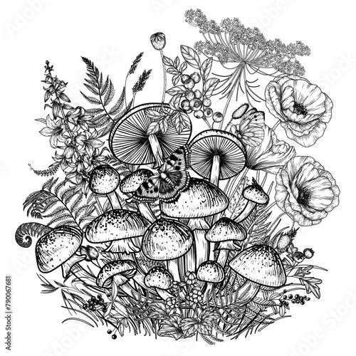 Vector illustration of a honey mushroom surrounded by forest plants, flowers, berries and butterflies. Poppies, bells, cloudberries, rose hips, blueberries, hawthorn
