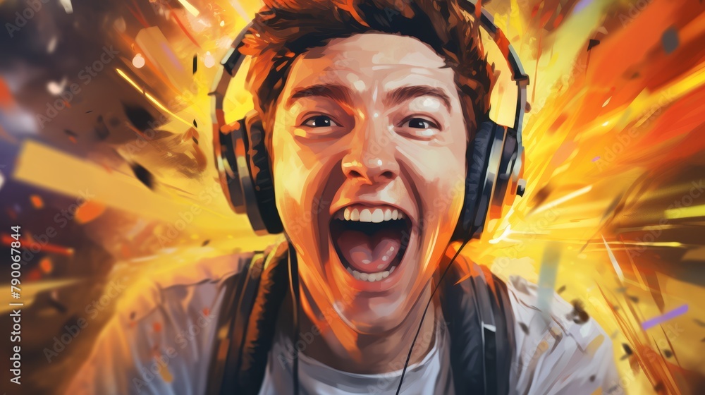 Intense joy on a professional gamer's face celebrating a win, close-up, emotional and vibrant scene, watercolor, cartoon, animation 3D, vibrant