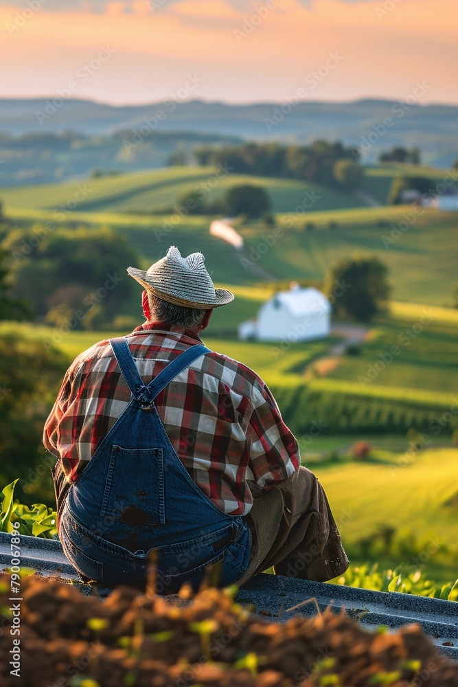 Back view of a farmer wearing overalls and a hat sitting on the roof looking at his farm. Created with Ai technology.