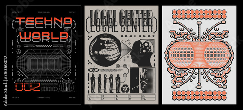 Collection of retro futuristic poster. In Brutalism style, streetwear print, for t-shirt, hoodies and sweatshirts. Isolated on black background