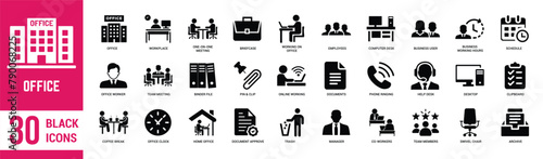 Office solid icons set. Office, computer, employee, desk, briefcase, schedule, file, chair and portfolio. Vector illustration