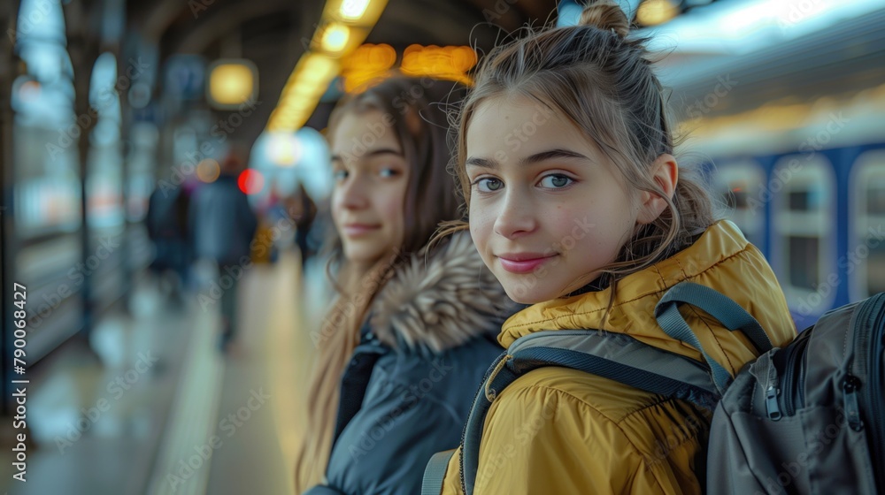 Two young beautiful female students girls with backpacks at train station waiting for their train to travel looking at camera Two young beautiful female students girls with backpacks at train station waiting for their train to travel looking at camera